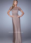 Picture of: Satin Dress with Sheer Sleeves, Belt, and Lace Trim in Brown, Style: 21701, Detail Picture 1