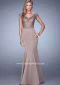 Picture of: Satin Dress with Mermaid Skirt and Lace Cap Sleeves in Brown, Style: 21702, Detail Picture 1