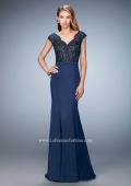 Picture of: Satin Dress with Mermaid Skirt and Lace Cap Sleeves in Blue, Style: 21702, Detail Picture 2