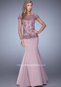 Picture of: Satin Mermaid Dress with Sheer Lace Overlay and Belt in Pink, Style: 21706, Detail Picture 1
