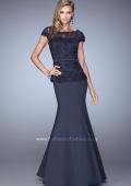 Picture of: Satin Mermaid Dress with Sheer Lace Overlay and Belt in Blue, Style: 21706, Detail Picture 2