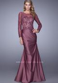 Picture of: Satin Dress with Long Sheer Net Sleeves and Beading in Purple, Style: 21708, Detail Picture 1