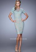 Picture of: Short Sleeve Lace Applique Cocktail Dress with Back Slit in Blue, Style: 21717, Detail Picture 1