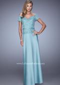Picture of: Sultry Satin Dress with Off the Shoulder Sleeves in Blue, Style: 21726, Detail Picture 1