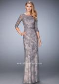 Picture of: Evening Gown with Lace Overlay, Belt, and 3/4 Sleeves in Silver, Style: 21740, Main Picture