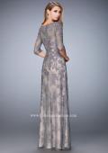 Picture of: Evening Gown with Lace Overlay, Belt, and 3/4 Sleeves in Silver, Style: 21740, Back Picture