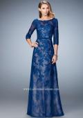 Picture of: Evening Gown with Lace Overlay, Belt, and 3/4 Sleeves in Silver, Style: 21740, Detail Picture 1