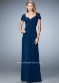 Picture of: Pleated Bodice Short Sleeve Evening Gown with Lace in Blue, Style: 21765, Detail Picture 1