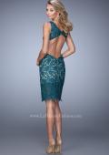 Picture of: V Neck Cocktail Dress with Cut Outs and Lace Overlay in Green, Style: 21815, Back Picture