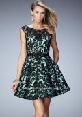 Picture of: Short Lace Gown with Boat Neckline and Bow Waistband in Black, Style: 21876, Detail Picture 1