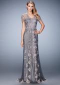 Picture of: Short Sleeve Evening Gown with Lace Underlay in Silver, Style: 21897, Detail Picture 1