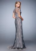 Picture of: Short Sleeve Evening Gown with Lace Underlay in Silver, Style: 21897, Detail Picture 2