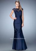 Picture of: Satin Dress with Sheer Cap Sleeves and Pleated Skirt in Blue, Style: 21961, Main Picture
