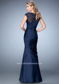 Picture of: Satin Dress with Sheer Cap Sleeves and Pleated Skirt in Blue, Style: 21961, Back Picture