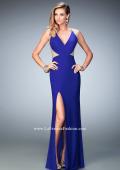 Picture of: Net Jersey Prom Dress with V Neckline and Side Slit in Blue, Style: 21963, Detail Picture 1