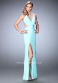 Picture of: Net Jersey Prom Dress with V Neckline and Side Slit in Blue, Style: 21963, Detail Picture 3