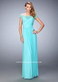 Picture of: Off the Shoulder Net Gown with Gathered Skirt and Bodice in Blue, Style: 21979, Detail Picture 1