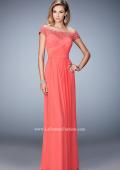 Picture of: Off the Shoulder Net Gown with Gathered Skirt and Bodice in Orange, Style: 21979, Detail Picture 3