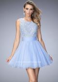Picture of: Short Chiffon Gown with Lace Bodice and Sheer Back in Blue, Style: 21991, Main Picture