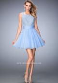 Picture of: Short Chiffon Gown with Lace Bodice and Sheer Back in Blue, Style: 21991, Detail Picture 1