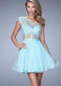 Picture of: One Shoulder Chiffon Dress with Full Skirt and Lace Trim in Blue, Style: 21992, Main Picture
