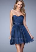 Picture of: Ruched Chiffon Gown with Sequin Belt and Open Back in Blue, Style: 22015, Detail Picture 1