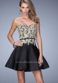 Picture of: Satin Cocktail Dress with Lace Appliques and Belt in Black, Style: 22017, Main Picture