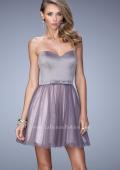Picture of: Short Dress with Lace Skirt and Satin Belt in Silver, Style: 22022, Main Picture