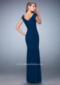 Picture of: Pleated Net Jersey Gown with Cap Sleeves and Belt in Blue, Style: 22040, Back Picture