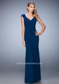 Picture of: Pleated Net Jersey Gown with Cap Sleeves and Belt in Blue, Style: 22040, Detail Picture 1
