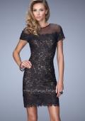 Picture of: Short Sleeve Lace Dress with Sheer Scoop Neckline in Black, Style: 22044, Main Picture