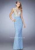 Picture of: Ruched Skirt and Sheer Neck Prom Gown with Rhinestones in Blue, Style: 22073, Main Picture
