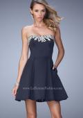 Picture of: Satin Short Dress with Lace Trim Neckline and Pockets in Blue, Style: 22101, Main Picture