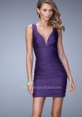 Picture of: Ruched Satin Dress with Open Back and Crossed Straps in Purple, Style: 22102, Main Picture