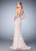 Picture of: Stretch Satin Gown with Train and Crystal Embellishments in Nude, Style: 22131, Back Picture