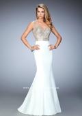 Picture of: Stretch Satin Gown with Train and Crystal Embellishments in White, Style: 22131, Detail Picture 1