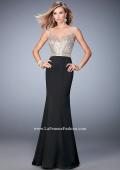 Picture of: Stretch Satin Gown with Train and Crystal Embellishments in Black, Style: 22131, Detail Picture 2