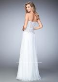 Picture of: Long Chiffon Gown with Rhinestone Lace and a Bow in White, Style: 22133, Back Picture