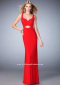 Picture of: Net Prom Gown with Cut Outs, Gathering, and a Train in Red, Style: 22200, Main Picture