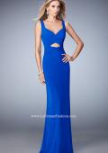 Picture of: Net Prom Gown with Cut Outs, Gathering, and a Train in Blue, Style: 22200, Detail Picture 1