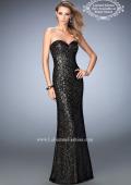Picture of: Long Lace Prom Gown with Gold Sequin Underlay in Black, Style: 22203, Main Picture