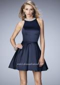 Picture of: Short Stretch Satin Dress with Pearl and Diamond Neckline in Blue, Style: 22212, Detail Picture 1