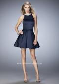 Picture of: Short Stretch Satin Dress with Pearl and Diamond Neckline in Blue, Style: 22212, Detail Picture 3