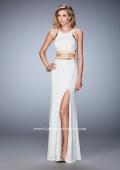 Picture of: Long Prom Dress with Gold Beaded Trim and Side Slit in White, Style: 22227, Detail Picture 1