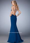 Picture of: Long Jersey Mermaid Gown with Sheer Straps and Stones in Blue, Style: 22237, Back Picture
