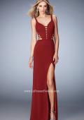 Picture of: Long Strappy Jersey Gown with Side Leg Slit in Red, Style: 22245, Detail Picture 2