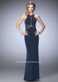 Picture of: Geo Cut Jersey Prom Dress with Sheer Racer Back in Blue, Style: 22259, Detail Picture 4