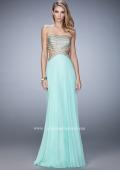 Picture of: Chiffon Prom Dress with Cut Outs and Gold Stud Detail in Blue, Style: 22285, Detail Picture 1