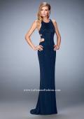 Picture of: Jersey Prom Dress with Strappy Back, Cut Outs, and Train in Blue, Style: 22287, Detail Picture 1