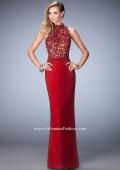 Picture of: Racer Beck Net Prom Dress with Lace Detail and Train in Red, Style: 22291, Main Picture